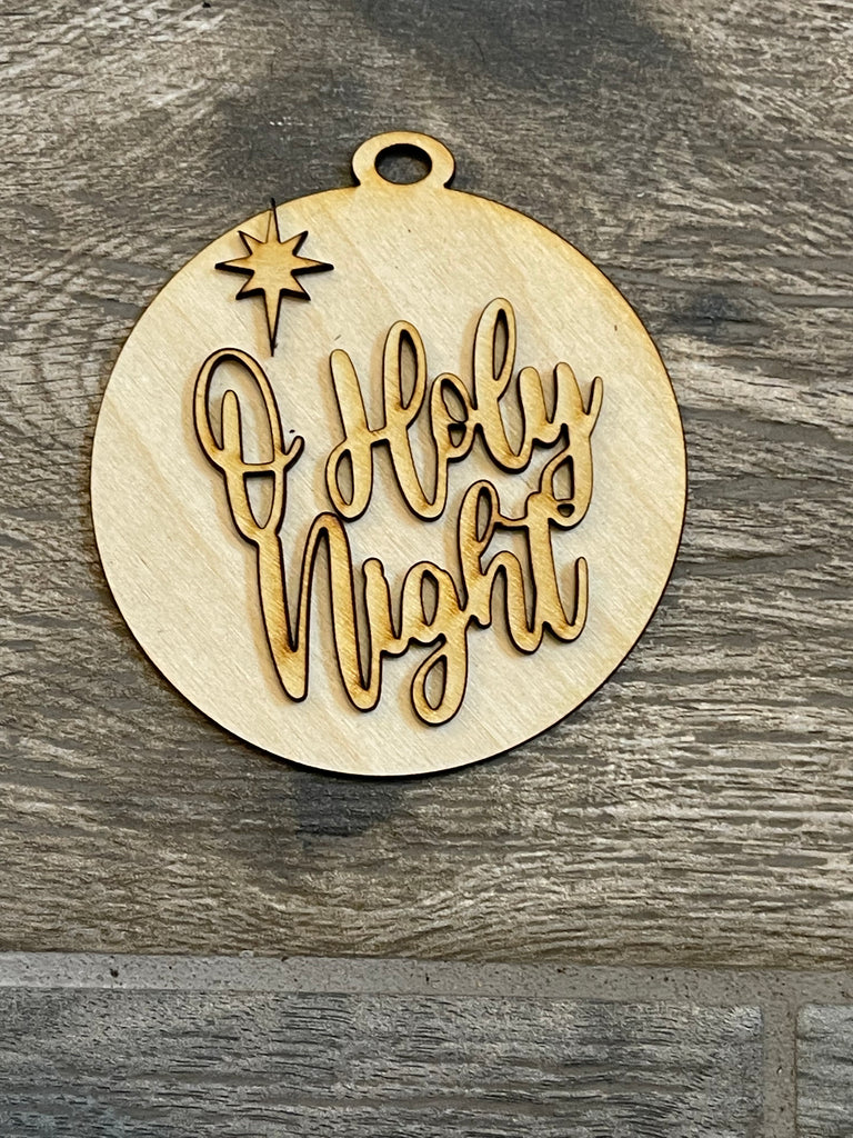 A Little August Ranch DIY Christmas Tree Ornament Wood Blanks - Christian Christmas Tree Ornaments - Nativity Ornament shaped like a wooden nativity scene, with the words "Oh Holy Night" beautifully engraved on it.