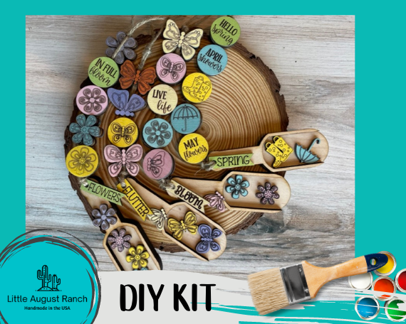 A Little August Ranch DIY craft kit with the Spring Scoop Garland Craft - Scoop Garland - Wood Bead Craft - DIY Paint Kit - Tiered Tray Display - Spring Showers and an Easter theme.
