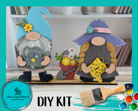 A Little August Ranch Spring-themed Wood Gnome Pair diy kit that includes a paint brush for you to Paint and Decorate.