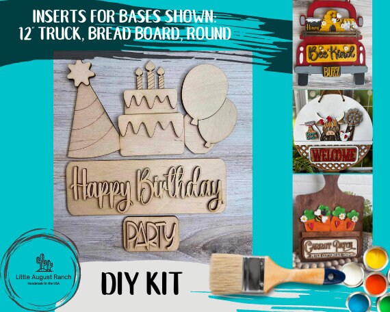 Happy Birthday Insert for Large Interchangeable Truck, Round and Breadboard - Interchangeable Wood Blank Pieces for Painting