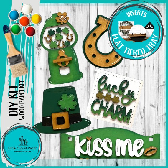 St Patrick's Day Kiss Me Tiered Tray Set with Banner - Flat Tiered Tray Holder for Display - Wood Blanks for Crafting and Painting