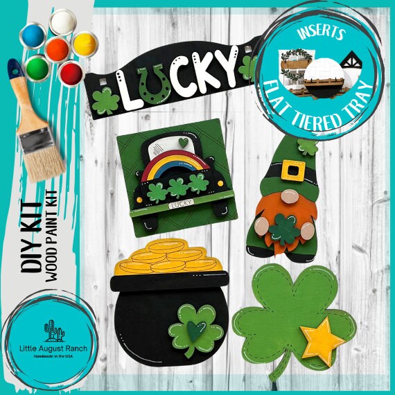 St Patrick's Day Lucky Gnome Tiered Tray Set with Banner - Flat Tiered Tray Holder for Display - Wood Blanks for Crafting and Painting
