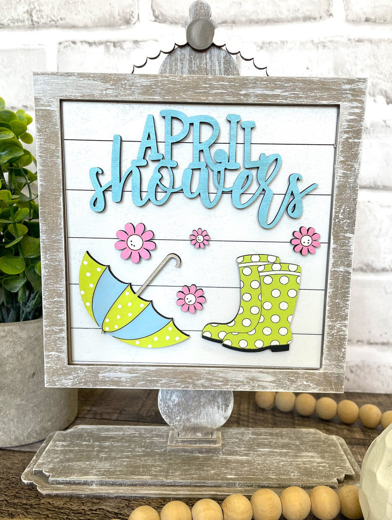 April Showers DIY Tabletop Round Sign Holder - Wood Blanks for Painting and Crafting - Drop in Frame
