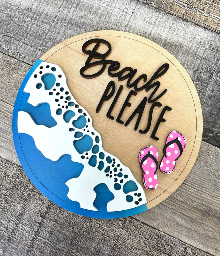 Beach Please, Daisy DIY Tabletop Round Sign Holder - Wood Blanks for Painting and Crafting - Drop in Frame