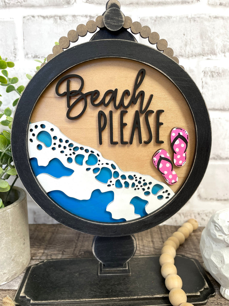 Beach Please, Daisy DIY Tabletop Round Sign Holder - Wood Blanks for Painting and Crafting - Drop in Frame