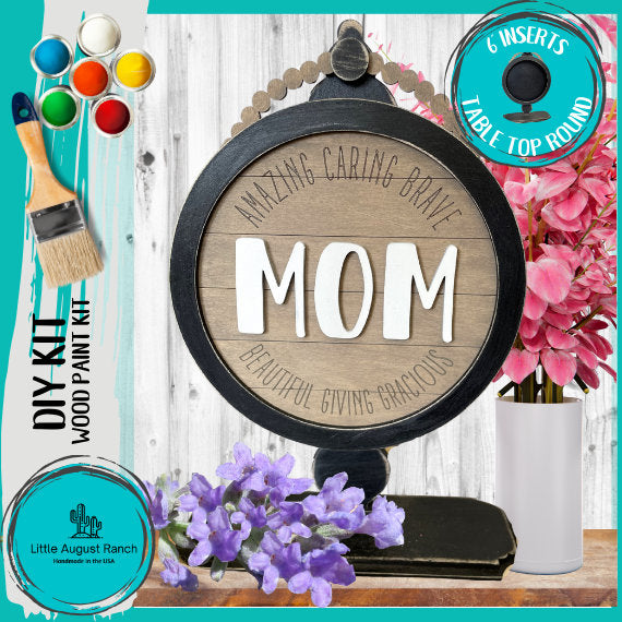 Mom DIY Tabletop Round Sign Holder - Wood Blanks for Painting and Crafting - Drop in Frame