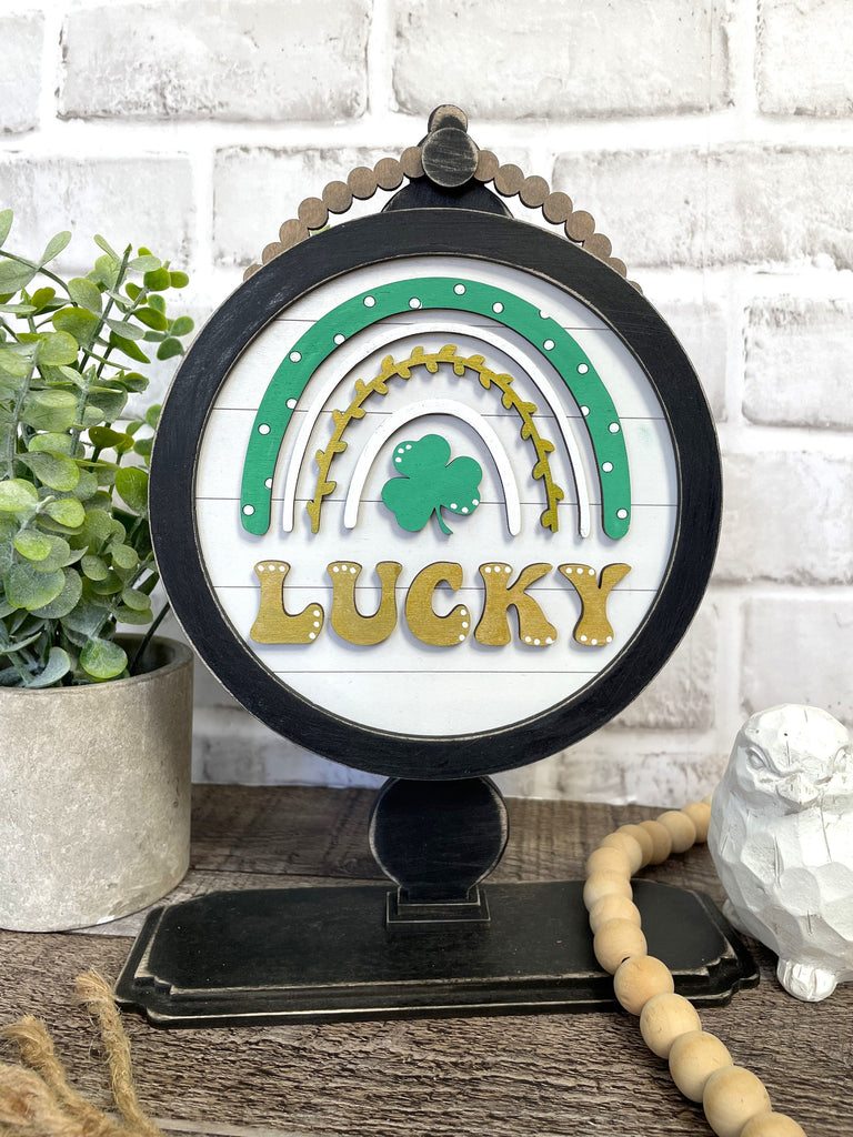 St Patrick Rainbow Lucky DIY Tabletop Round Sign Holder - Wood Blanks for Painting and Crafting - Drop in Frame