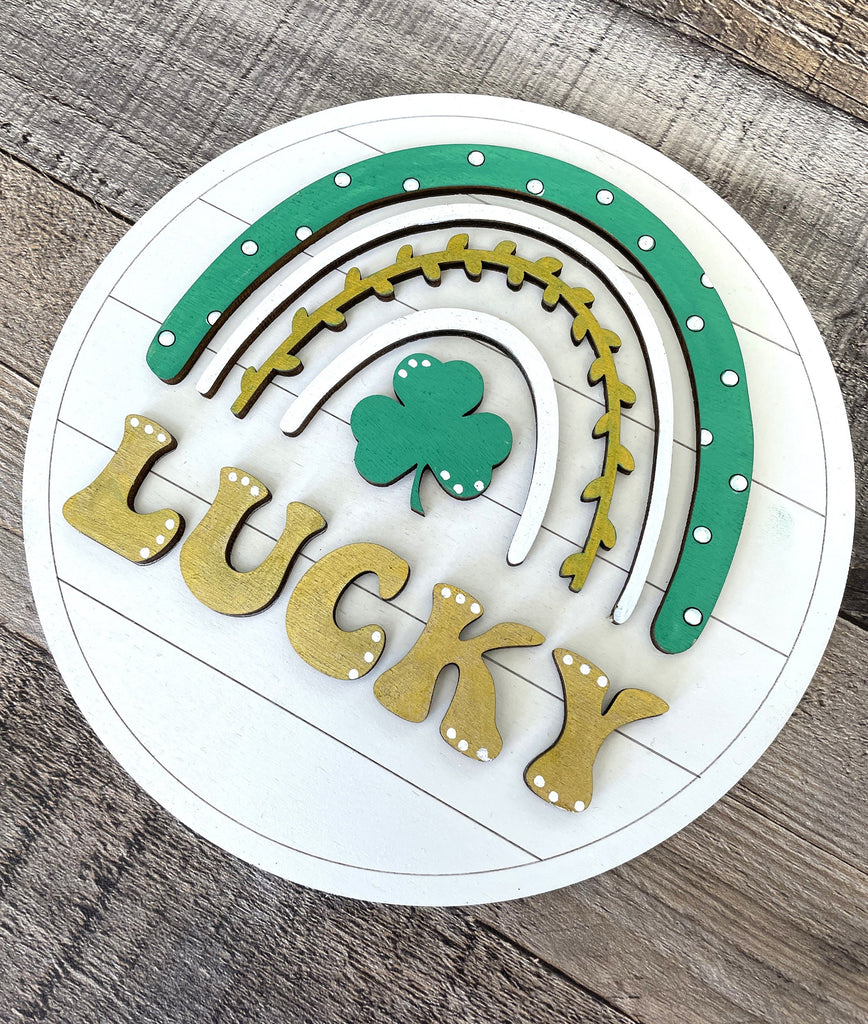 St Patrick Rainbow Lucky DIY Tabletop Round Sign Holder - Wood Blanks for Painting and Crafting - Drop in Frame