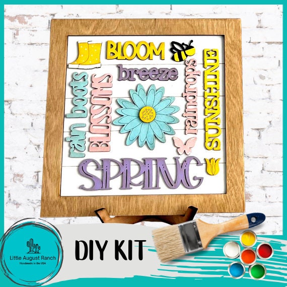 Spring Word Collage Square Framed - DIY Wood Blank Paint and Craft Kit