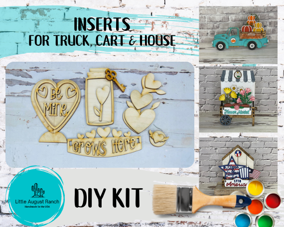 Little August Ranch Love Grows Here - DIY Interchangeable Inserts - Tiered Tray Decor - Freestanding Shelf Decor - Paint it Yourself Kit - Valentine's Day kit includes wood blanks for truck cart and house insets, perfect to paint and decorate with tiered tray bases.