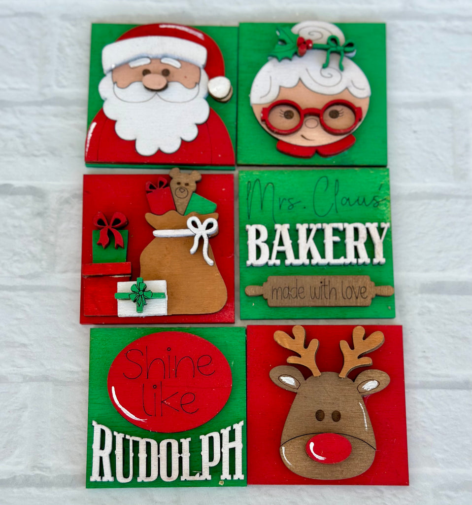 Little August Ranch's Santa Tiny Tile for Interchangeable Frame Wood Decor - DIY home Decor, reindeer and rudolph on a brick wall.