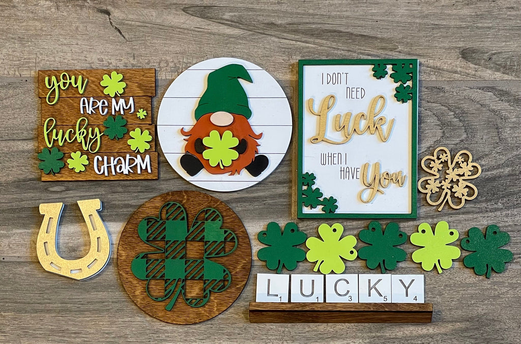 St Patrick's Day Tiered Tray Set - Finished Tray Bundle - Gnome Finished Tiered Tray Bundle - Lucky - St Patrick's Shelf Decor