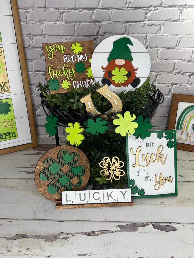 St Patrick's Day Tiered Tray Set - Finished Tray Bundle - Gnome Finished Tiered Tray Bundle - Lucky - St Patrick's Shelf Decor