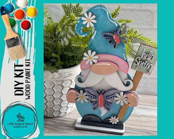 Spring Gnome with Flowers and Butterflies DIY Wood Paint Kit- Standing Gnome on Base