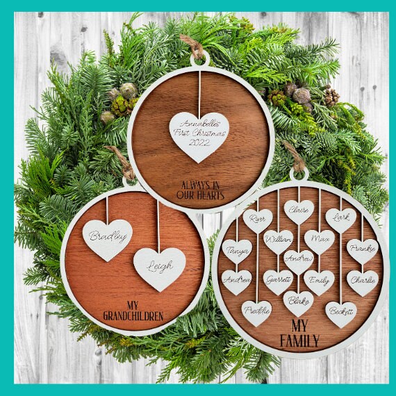 Personalized Hanging Heart Family Christmas Tree Ornament 2023 - Handcrafted Gift for Friends, Family, Grandma, Clubs