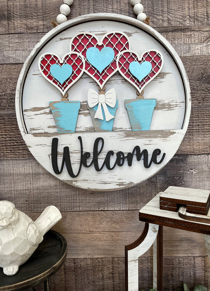 Potted Heart Trio DIY Interchangeable Door Hanger Insert- Wood Blank Set for Painting and Crafting