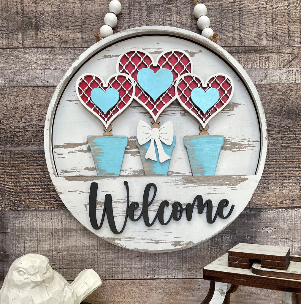 Potted Heart Trio DIY Interchangeable Door Hanger Insert- Wood Blank Set for Painting and Crafting