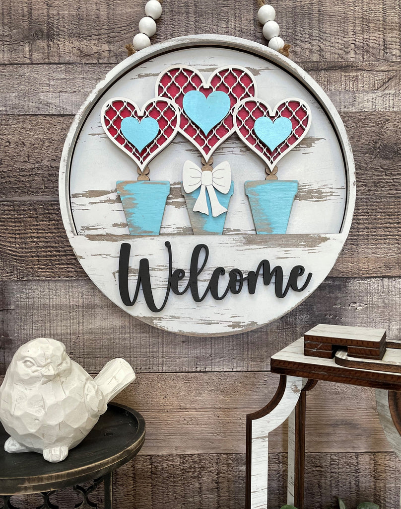 Potted Heart Trio DIY Interchangeable Door Hanger Insert- Wood Blank Set for Painting and Crafting