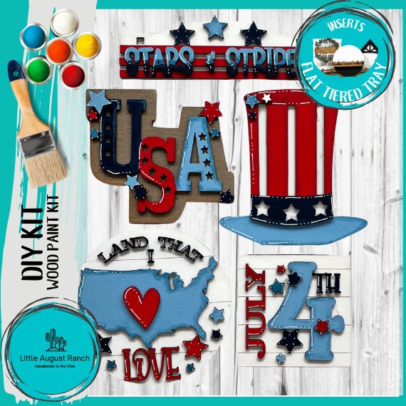 Stars & Stripes Tiered Tray Set with Banner - Flat Tiered Tray Holder for Display