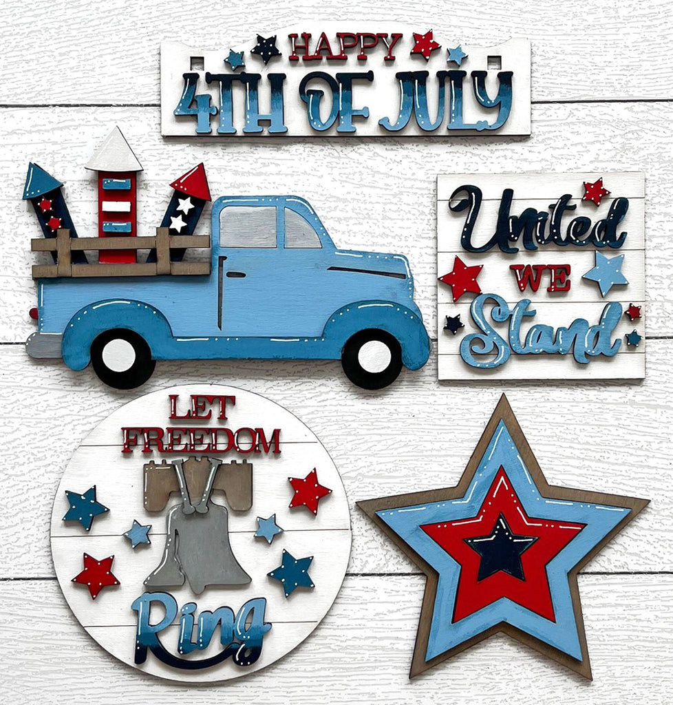 4th of July Truck Tiered Tray Set with Banner - Flat Tiered Tray Holder for Display