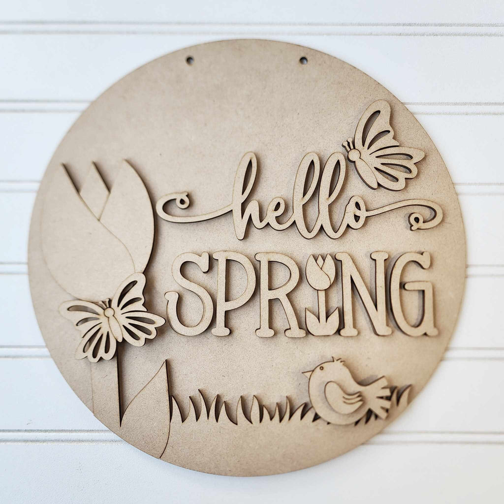 Hello Spring Sign Word Block - DIY Wood Blanks for Painting and Crafting 10.5" and 18"