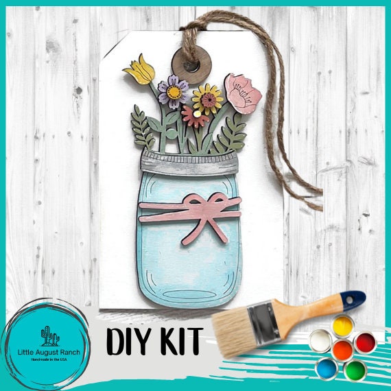 Mason Jar Flower Bouquet Large Tag Shelf or Hanging Decor- DIY Paint Kit Wood Blank Set