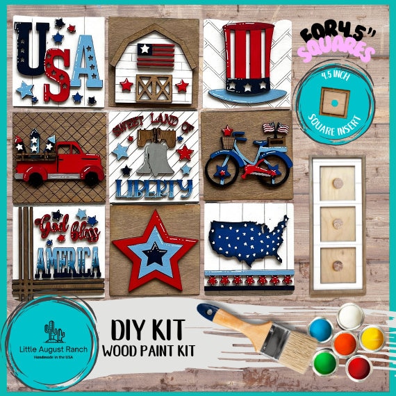 4th of July Square DIY Tiles for 4.5" Frame - Wood Blanks to Paint and Craft