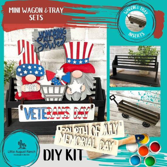 Veterans Day, Memorial Day, 4th of July Gnome DIY Mini Tray Sets - Wood Blanks for Crafting and Painting