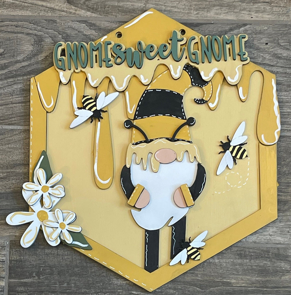 Gnome Sweet Gnome Honey Bee Door Hanger - Handmade Decor, Ready to Ship