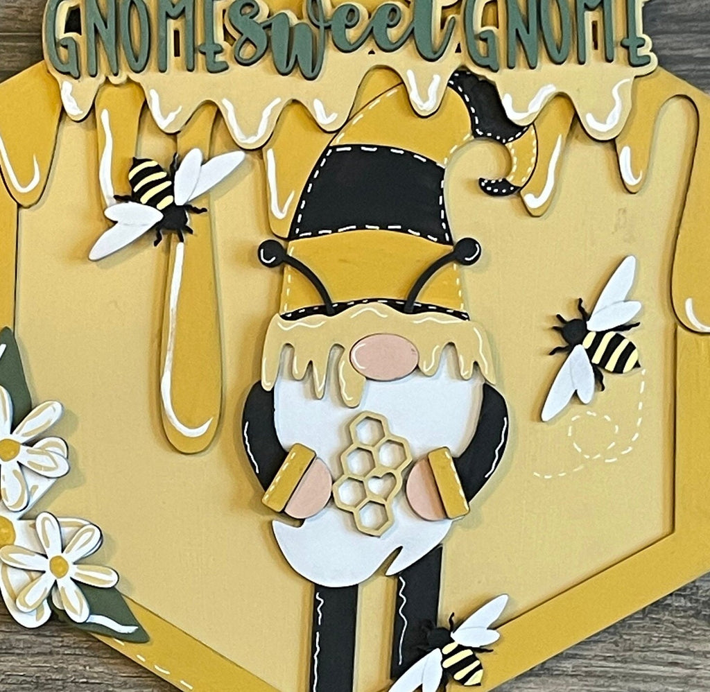 Gnome Sweet Gnome Honey Bee Door Hanger - Handmade Decor, Ready to Ship