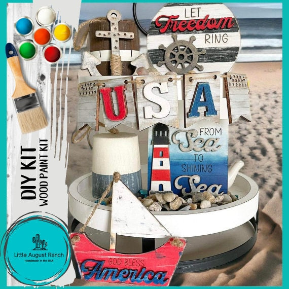 USA Nautical Theme Tiered Tray Decor Bundle DIY -Wood Blanks to Paint and Craft