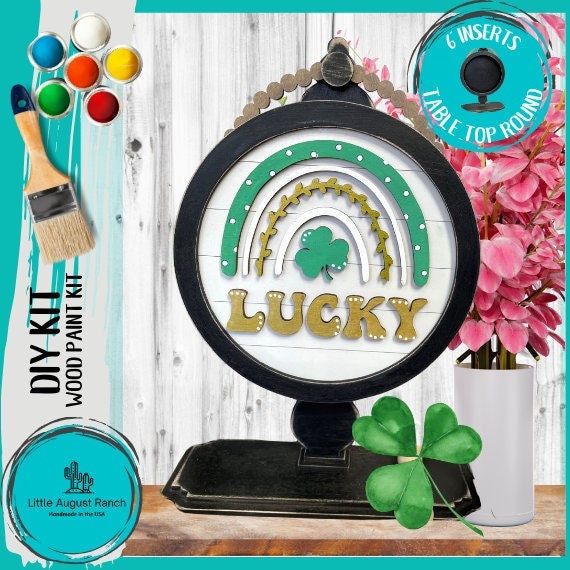 St Patrick Rainbow Lucky DIY Tabletop Round Sign Holder - Wood Blanks for Painting and Crafting