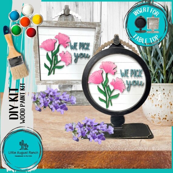 We Pick You DIY Tabletop Round/Square Sign Holder - Wood Blanks for Painting and Crafting - Drop in Frame