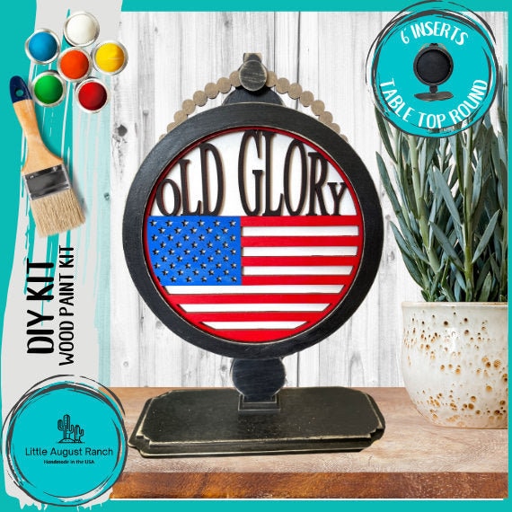 Old Glory American Flag Tabletop Round Sign Holder - Wood Blanks for Painting and Crafting - Drop in Frame