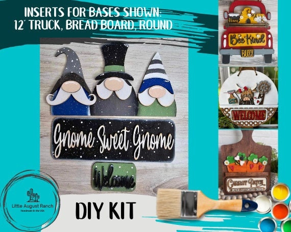 Gnome Sweet Gnome Insert for Large Interchangeable Truck, Round and Breadboard - Interchangeable Wood Blank Pieces for Painting