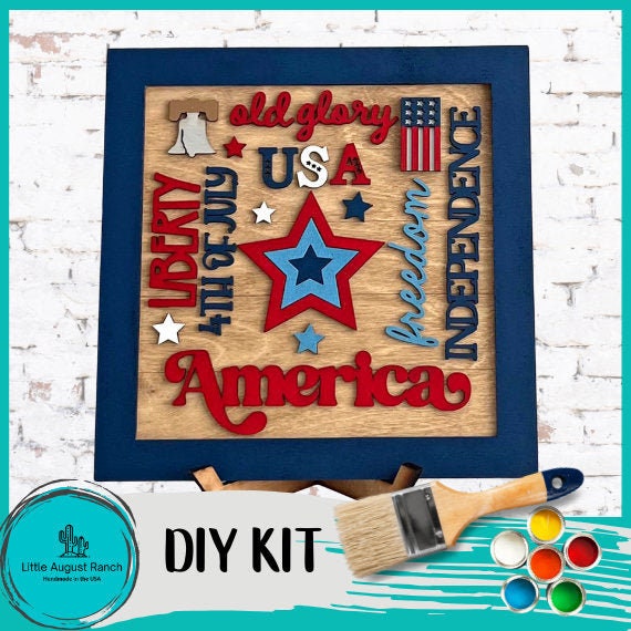 America Word Collage Square Framed - DIY Wood Blank Paint and Craft Kit