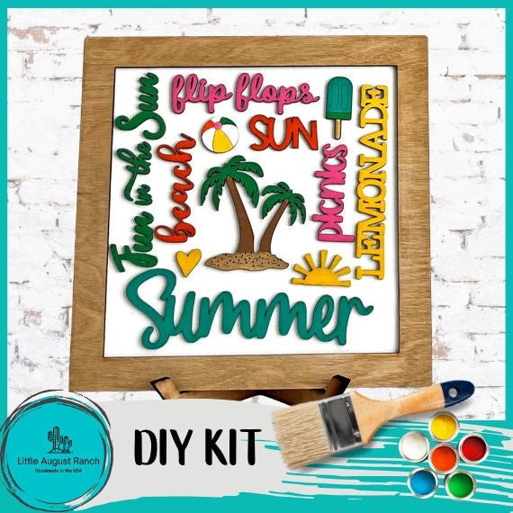 Summer Word Collage Square Framed - DIY Wood Blank Paint and Craft Kit