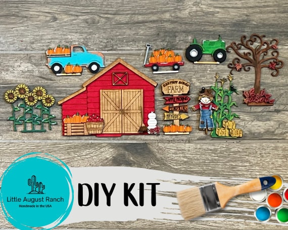 DIY Fall Farm Standing Pieces - Pumpkin Farm - Fall Shelf Decor Blank Kit - Tractor, Old Truck, Falling Leaves, Scarecrow Wood Blanks