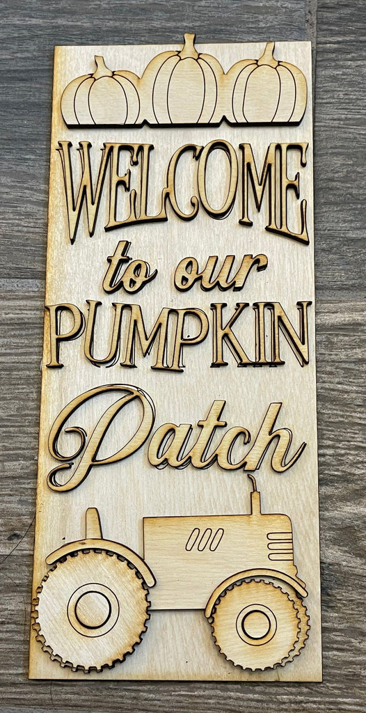 Decorative DIY kit wooden sign reading &quot;welcome to our pumpkin patch&quot; with pumpkin and tractor motifs, suitable for tiered trays. Product Name: Little August Ranch Fall Farm Square DIY Decor - Fall Pumpkin Patch DIY Bundle - Leaning Ladder Insert Kit