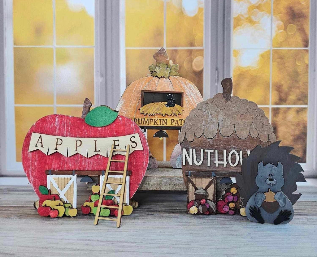 Fall Village Nuthouse Barn Self Standing Double Sided Pieces - DIY Wood Blanks for Painting