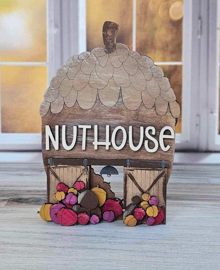 Fall Village Nuthouse Barn Self Standing Double Sided Pieces - DIY Wood Blanks for Painting