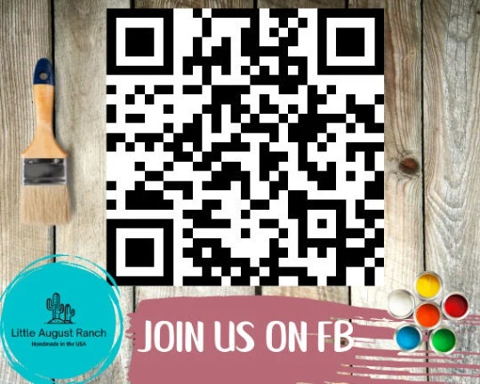 A QR code displayed on a wooden background with artistic supplies, including a Little August Ranch Summer Highland Cow Tiered Tray DIY Kit, and a &quot;join us on fb&quot; call-to-action.