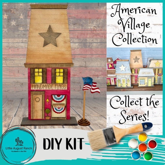 Main Street USA, Americana Flag Shop Self Standing Shelf Decor - DIY Wood Blanks to Paint and Decorate