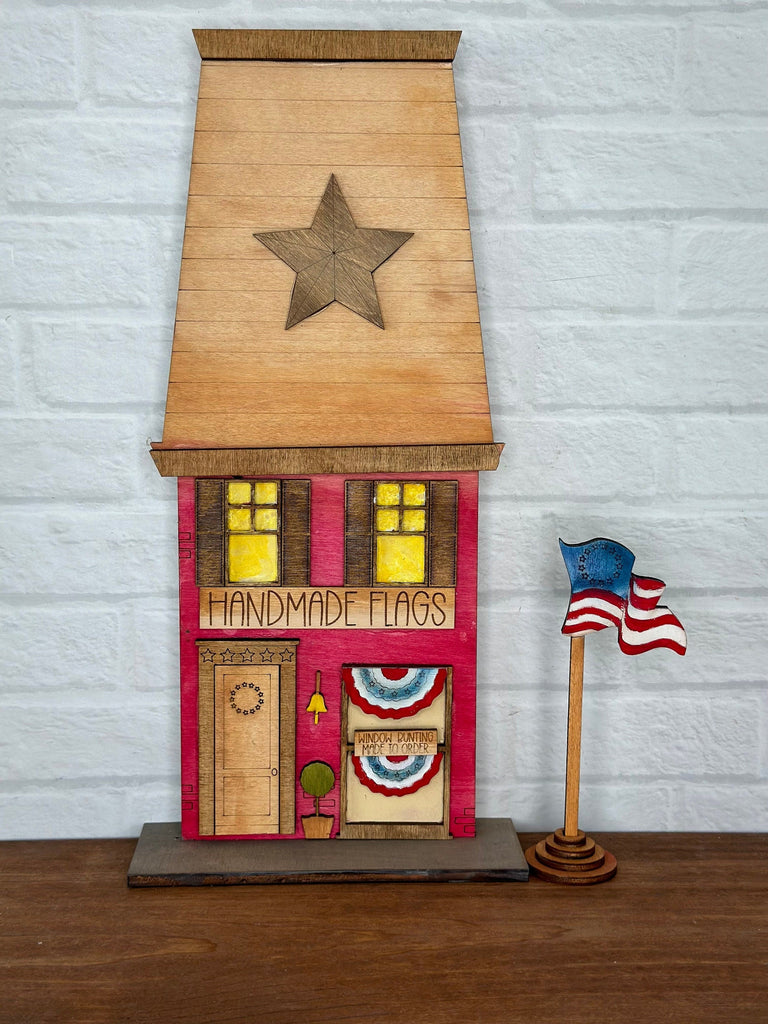 Main Street USA, Americana Flag Shop Self Standing Shelf Decor - DIY Wood Blanks to Paint and Decorate