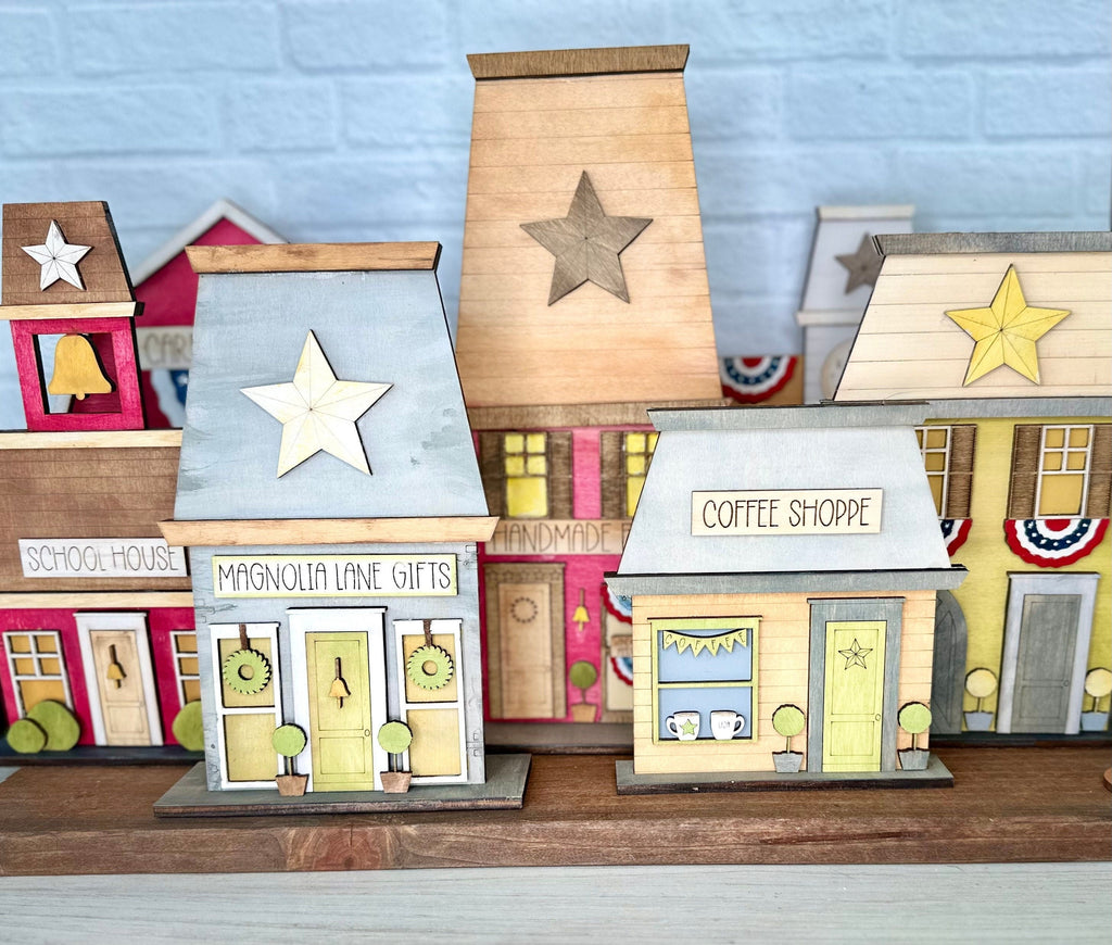 Main Street USA, Americana Flag Shop Self Standing Shelf Decor - DIY Wood Blanks to Paint and Decorate