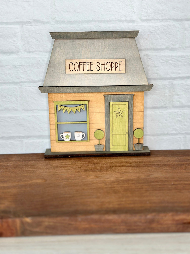 Main Street USA, Americana Coffee Shop Self Standing Shelf Decor - DIY Wood Blanks to Paint and Decorate