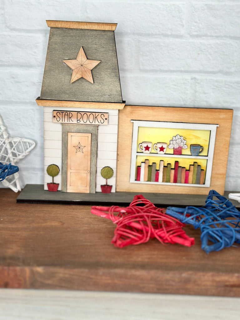 Main Street USA, Americana Star Book Store Self Standing Shelf Decor - DIY Wood Blanks to Paint and Decorate