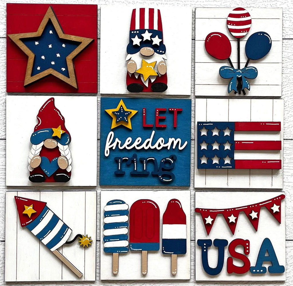 4th July Gnome Square DIY Tiles for 4.5&quot; Frame - Wood Blanks to Paint and Craft