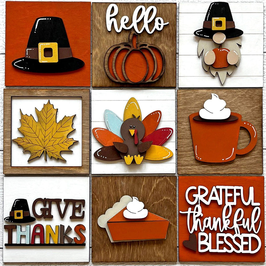 Thanksgiving Gnome Square DIY Tiles for 4.5" Frame - Wood Blanks to Paint and Craft