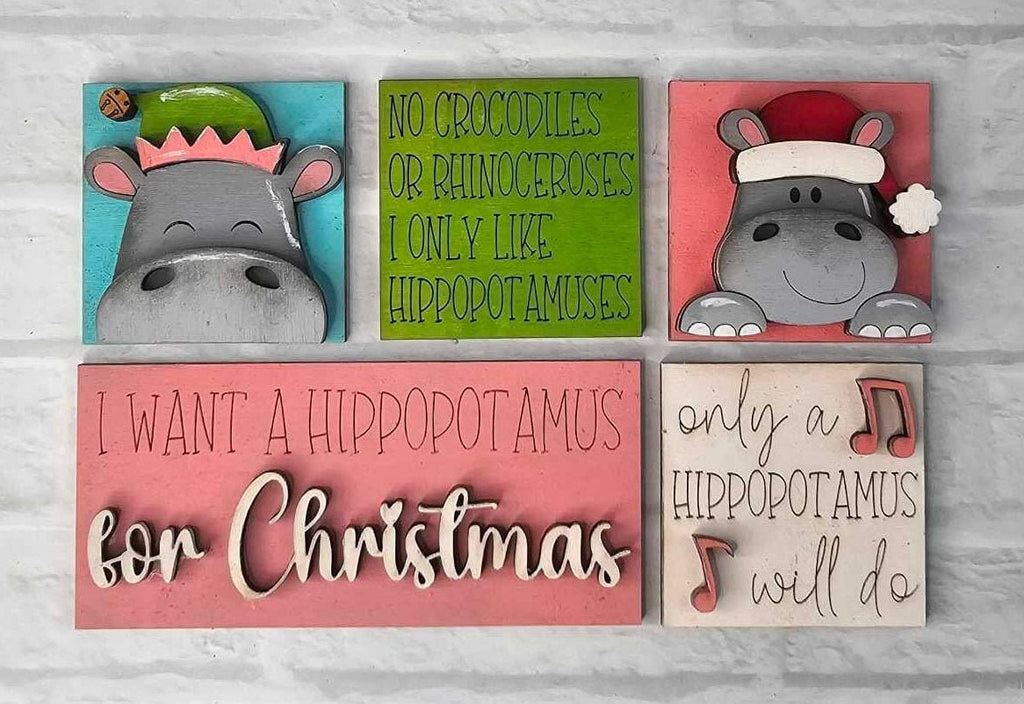 Hippopotamus for Christmas Tiny Tile Set for Interchangeable Frame Wood Decor - DIY Wood Blanks for Painting